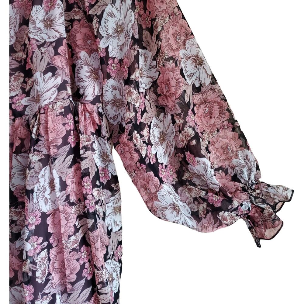 AAKAA Women's S Babydoll Dress Pink Plum Floral Chiffon Balloon Sleeves Ruffles - Picture 4 of 8